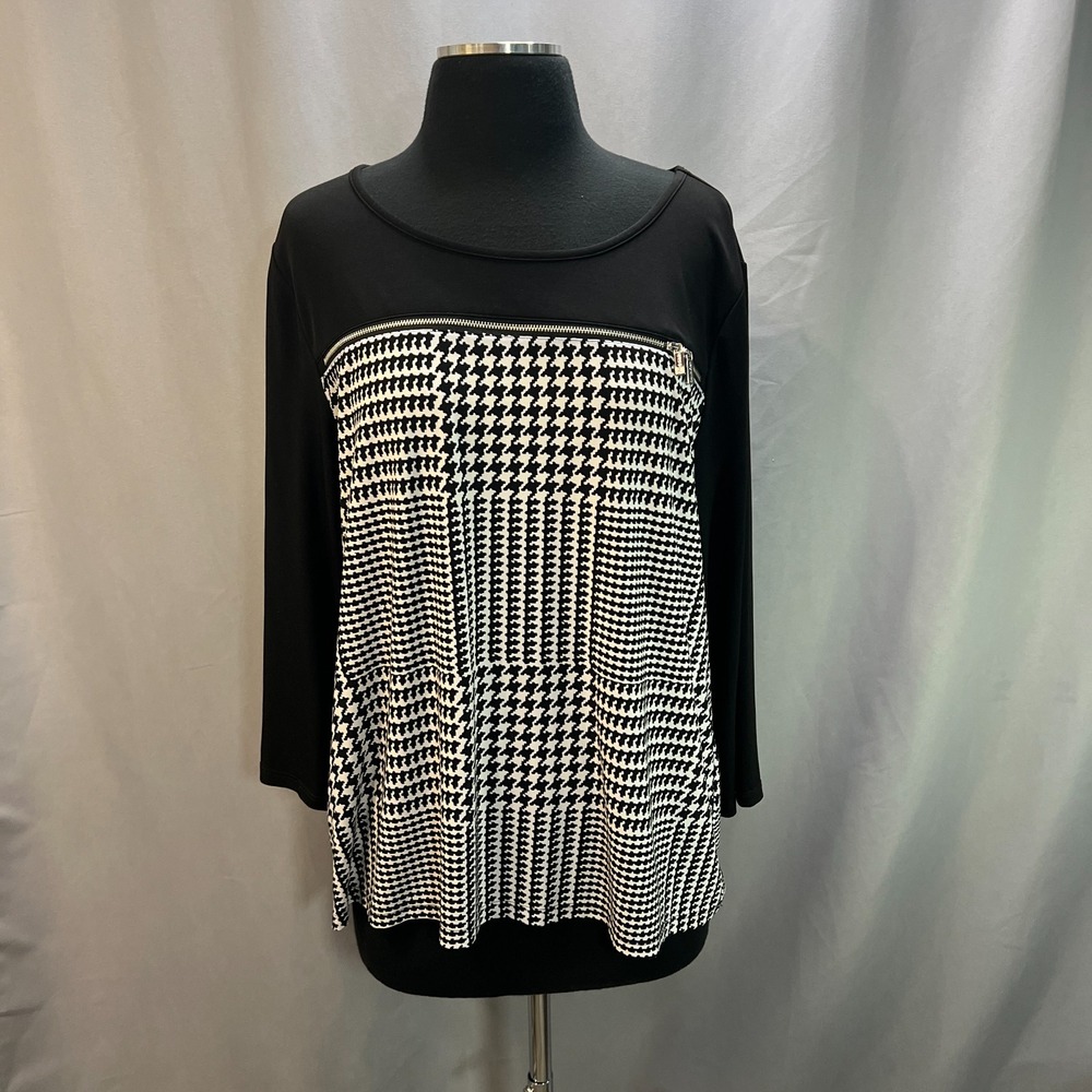 Calvin Klein Blouse Top Womens XL Black White Houndstooth Plaid Raglan Sleeve